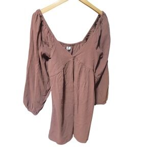 Billabong Brown Long‎ Sleeve Puff Sleeve Smocked Neck Mini Dress M